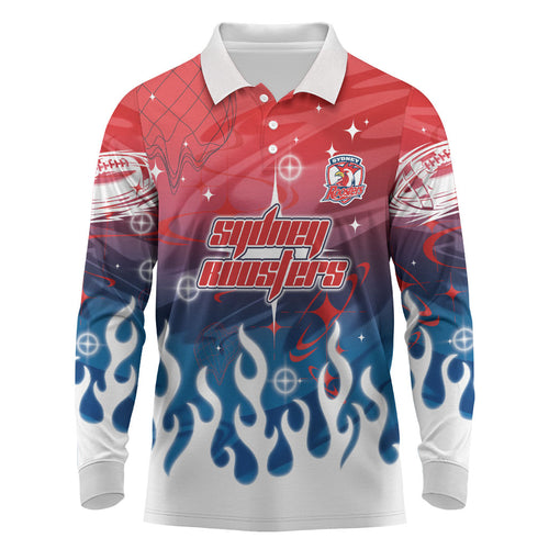 Personalized Sydney Roosters Long Sleeve Polo Shirt Y2K Grunge Aesthetic With Cyber Flames and Starburst Graphics