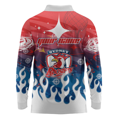 Personalized Sydney Roosters Long Sleeve Polo Shirt Y2K Grunge Aesthetic With Cyber Flames and Starburst Graphics