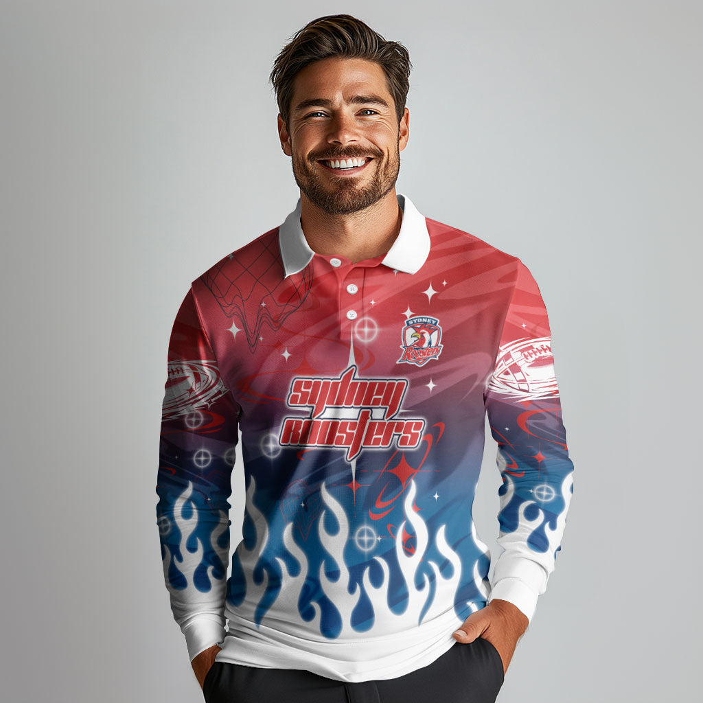 Personalized Sydney Roosters Long Sleeve Polo Shirt Y2K Grunge Aesthetic With Cyber Flames and Starburst Graphics