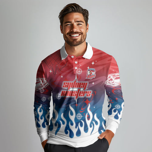 Personalized Sydney Roosters Long Sleeve Polo Shirt Y2K Grunge Aesthetic With Cyber Flames and Starburst Graphics