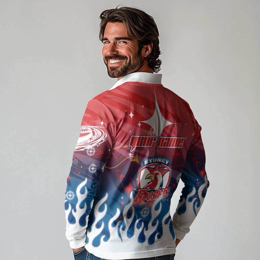 Personalized Sydney Roosters Long Sleeve Polo Shirt Y2K Grunge Aesthetic With Cyber Flames and Starburst Graphics