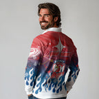 Personalized Sydney Roosters Long Sleeve Polo Shirt Y2K Grunge Aesthetic With Cyber Flames and Starburst Graphics