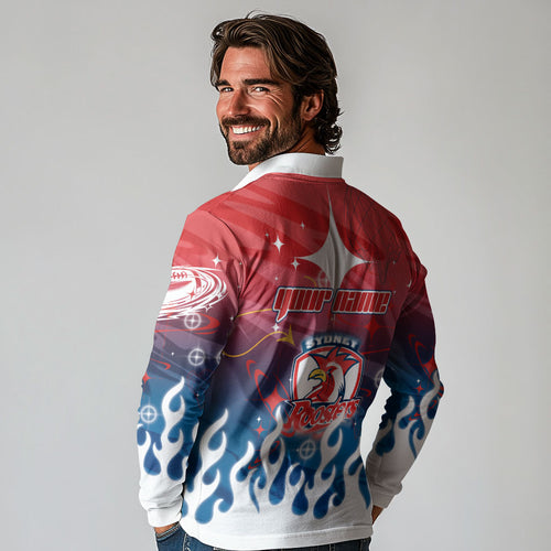 Personalized Sydney Roosters Long Sleeve Polo Shirt Y2K Grunge Aesthetic With Cyber Flames and Starburst Graphics