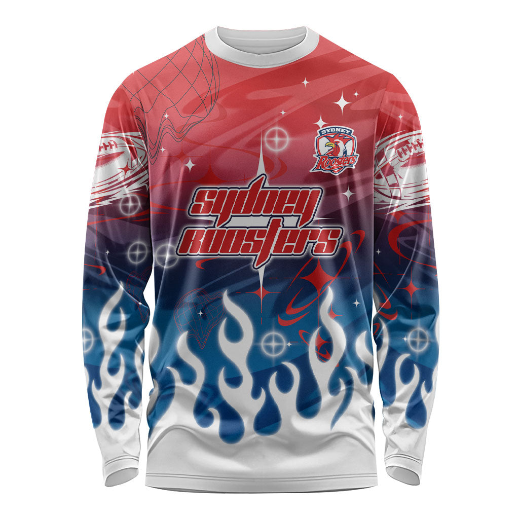 Personalized Sydney Roosters Long Sleeve Shirt Y2K Grunge Aesthetic With Cyber Flames and Starburst Graphics