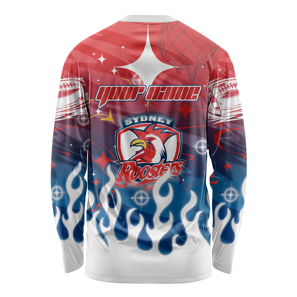 Personalized Sydney Roosters Long Sleeve Shirt Y2K Grunge Aesthetic With Cyber Flames and Starburst Graphics