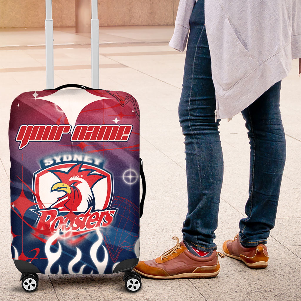 Personalized Sydney Roosters Luggage Cover Y2K Grunge Aesthetic With Cyber Flames and Starburst Graphics