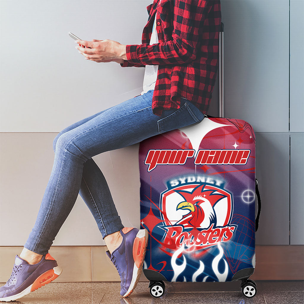 Personalized Sydney Roosters Luggage Cover Y2K Grunge Aesthetic With Cyber Flames and Starburst Graphics