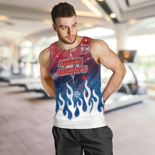 Personalized Sydney Roosters Men Tank Top Y2K Grunge Aesthetic With Cyber Flames and Starburst Graphics