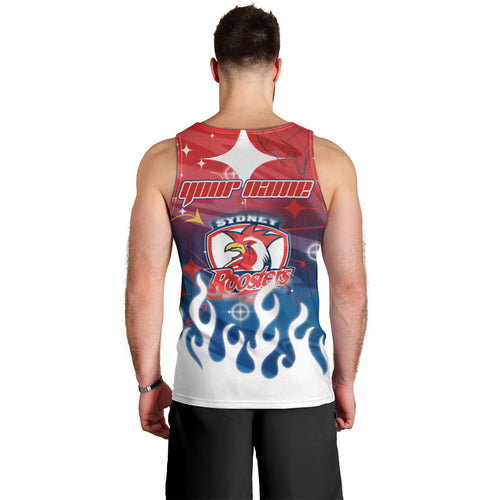 Personalized Sydney Roosters Men Tank Top Y2K Grunge Aesthetic With Cyber Flames and Starburst Graphics