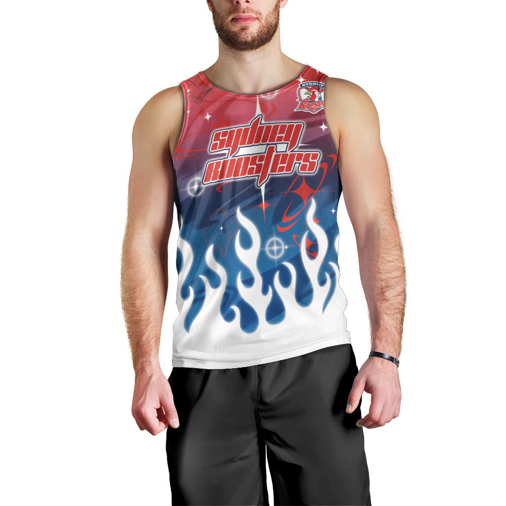 Personalized Sydney Roosters Men Tank Top Y2K Grunge Aesthetic With Cyber Flames and Starburst Graphics
