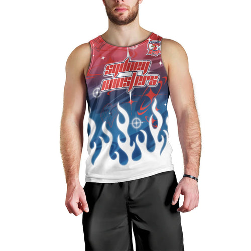 Personalized Sydney Roosters Men Tank Top Y2K Grunge Aesthetic With Cyber Flames and Starburst Graphics