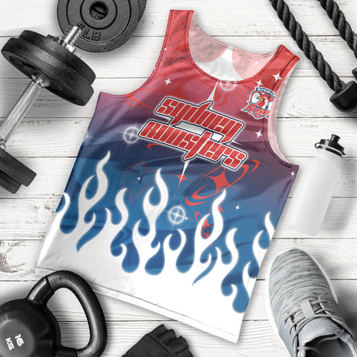 Personalized Sydney Roosters Men Tank Top Y2K Grunge Aesthetic With Cyber Flames and Starburst Graphics