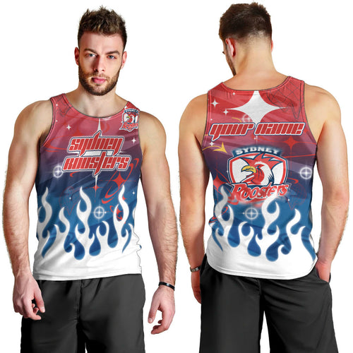 Personalized Sydney Roosters Men Tank Top Y2K Grunge Aesthetic With Cyber Flames and Starburst Graphics