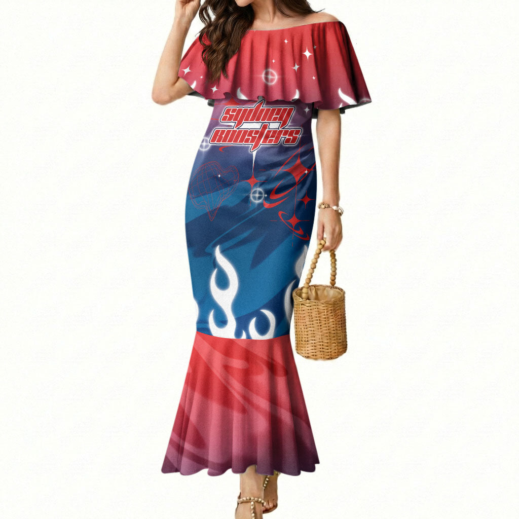 Personalized Sydney Roosters Mermaid Dress Y2K Grunge Aesthetic With Cyber Flames and Starburst Graphics