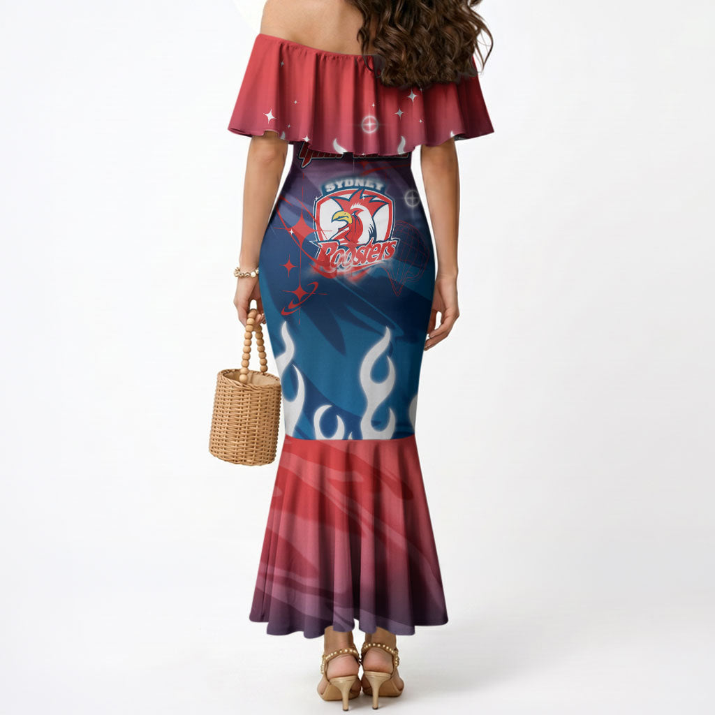 Personalized Sydney Roosters Mermaid Dress Y2K Grunge Aesthetic With Cyber Flames and Starburst Graphics