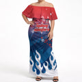 Personalized Sydney Roosters Off Shoulder Maxi Dress Y2K Grunge Aesthetic With Cyber Flames and Starburst Graphics
