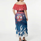 Personalized Sydney Roosters Off Shoulder Maxi Dress Y2K Grunge Aesthetic With Cyber Flames and Starburst Graphics
