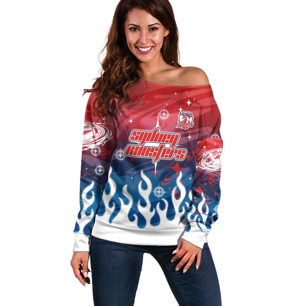 Personalized Sydney Roosters Off Shoulder Sweater Y2K Grunge Aesthetic With Cyber Flames and Starburst Graphics