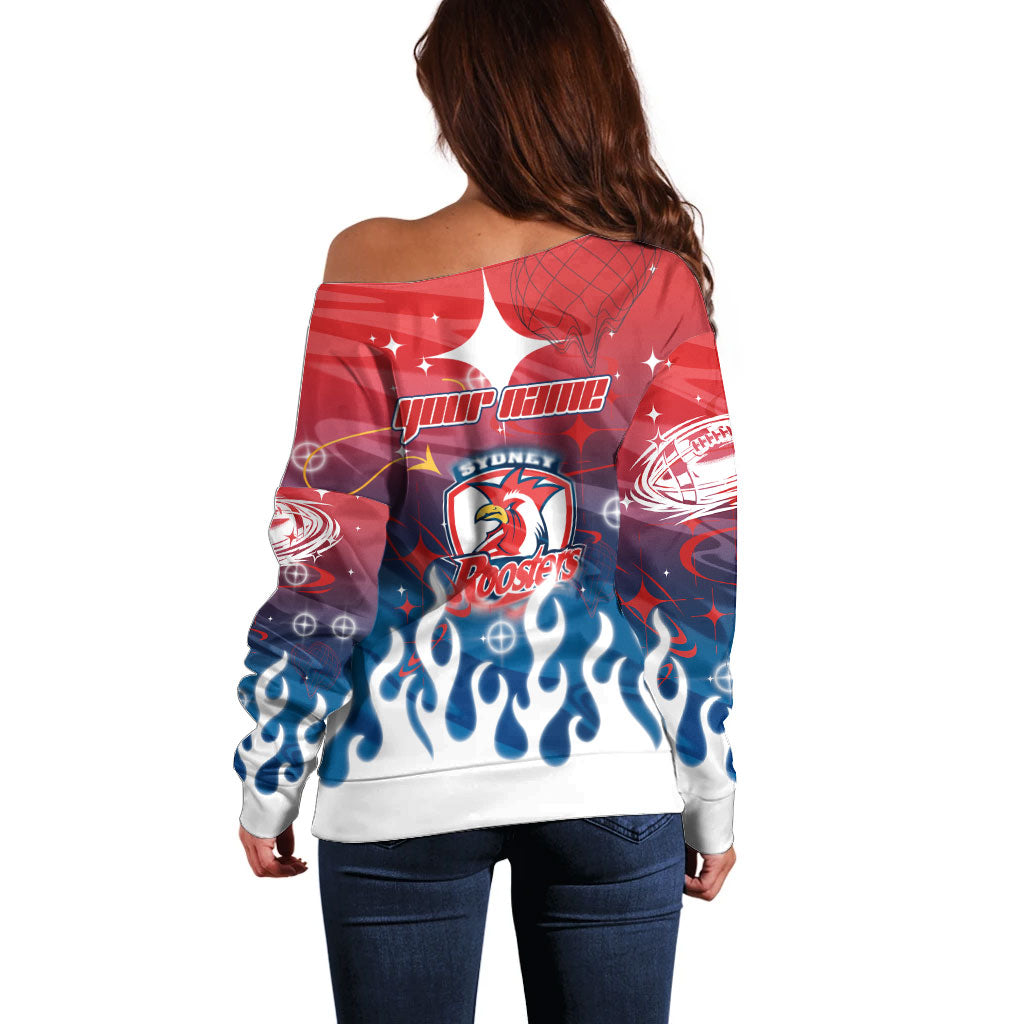 Personalized Sydney Roosters Off Shoulder Sweater Y2K Grunge Aesthetic With Cyber Flames and Starburst Graphics