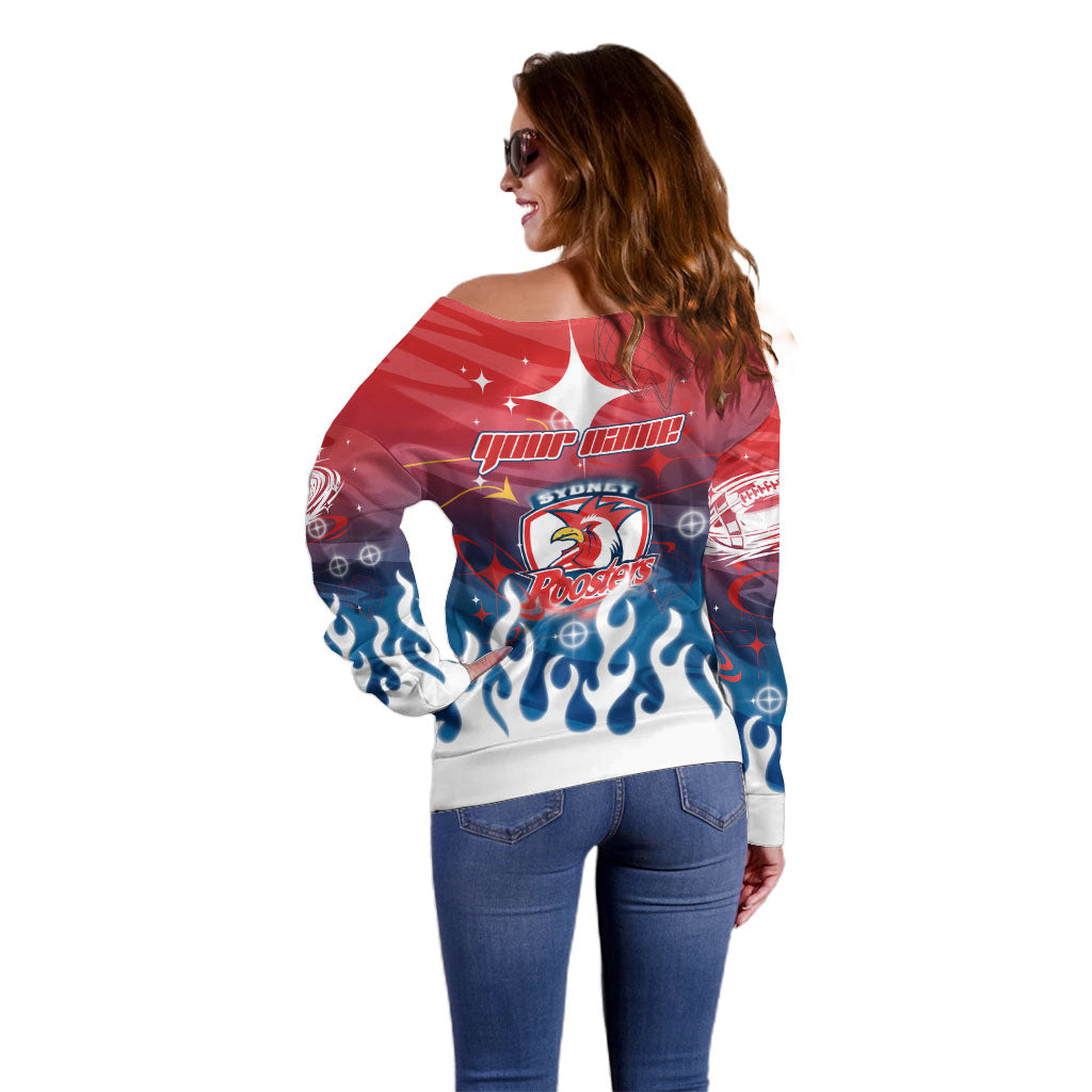 Personalized Sydney Roosters Off Shoulder Sweater Y2K Grunge Aesthetic With Cyber Flames and Starburst Graphics