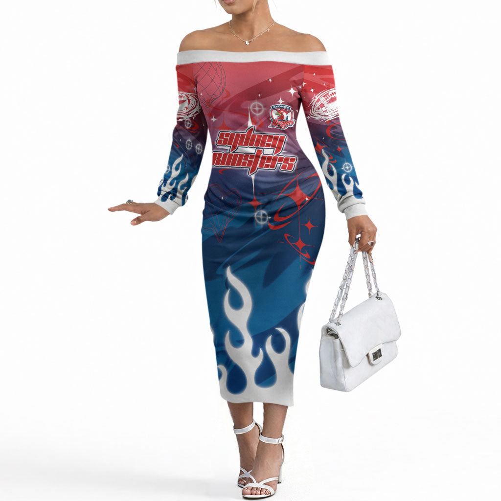 Personalized Sydney Roosters Off The Shoulder Long Sleeve Dress Y2K Grunge Aesthetic With Cyber Flames and Starburst Graphics