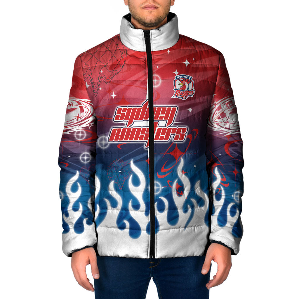 Personalized Sydney Roosters Padded Jacket Y2K Grunge Aesthetic With Cyber Flames and Starburst Graphics