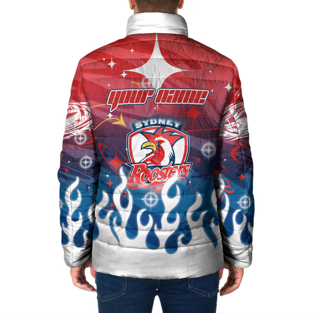 Personalized Sydney Roosters Padded Jacket Y2K Grunge Aesthetic With Cyber Flames and Starburst Graphics