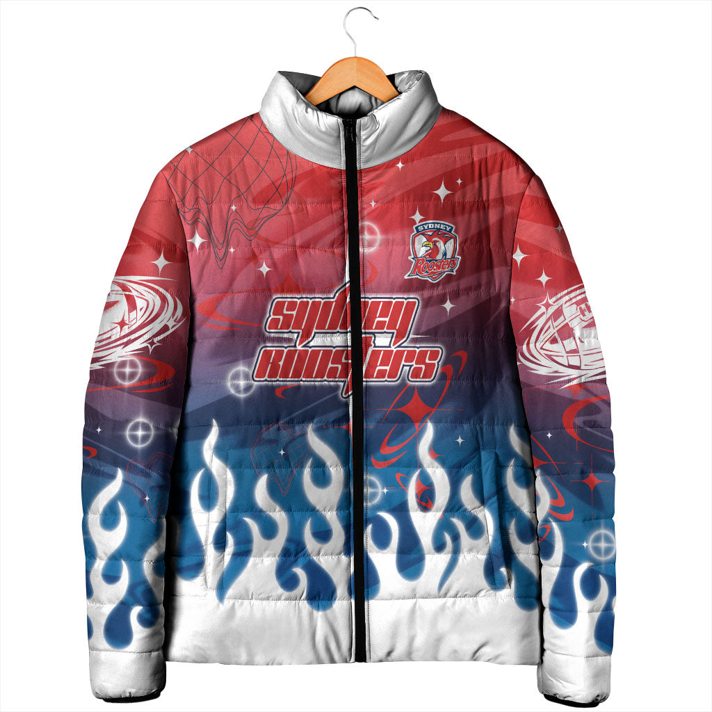 Personalized Sydney Roosters Padded Jacket Y2K Grunge Aesthetic With Cyber Flames and Starburst Graphics