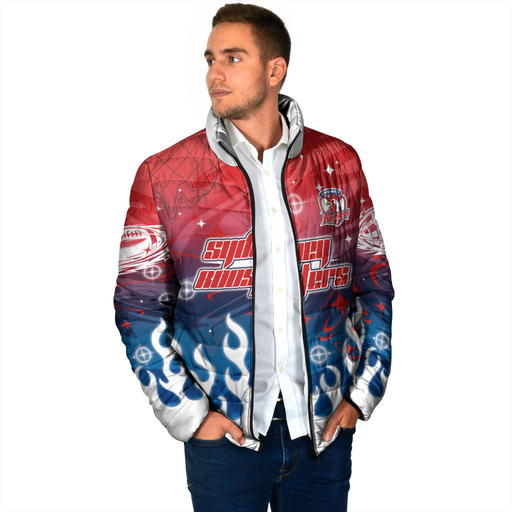 Personalized Sydney Roosters Padded Jacket Y2K Grunge Aesthetic With Cyber Flames and Starburst Graphics