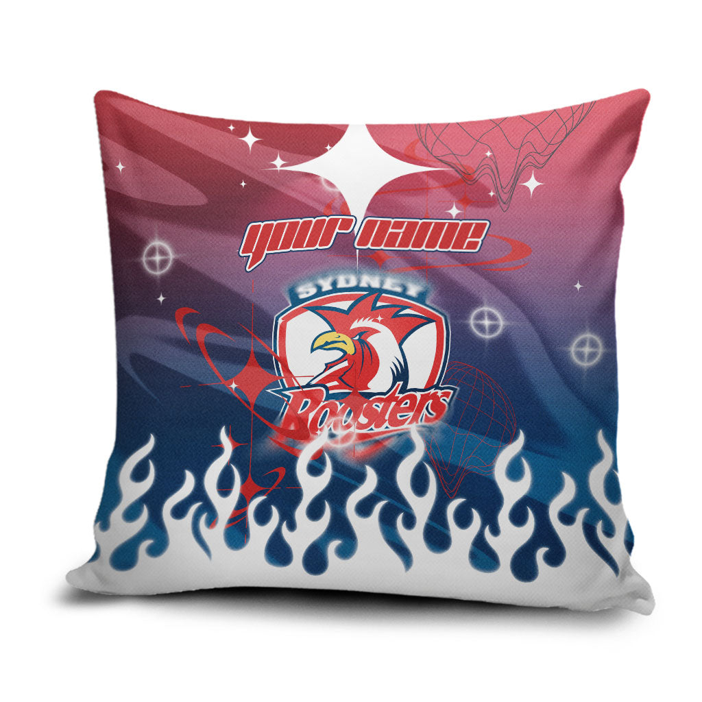 Personalized Sydney Roosters Pillow Cover Y2K Grunge Aesthetic With Cyber Flames and Starburst Graphics