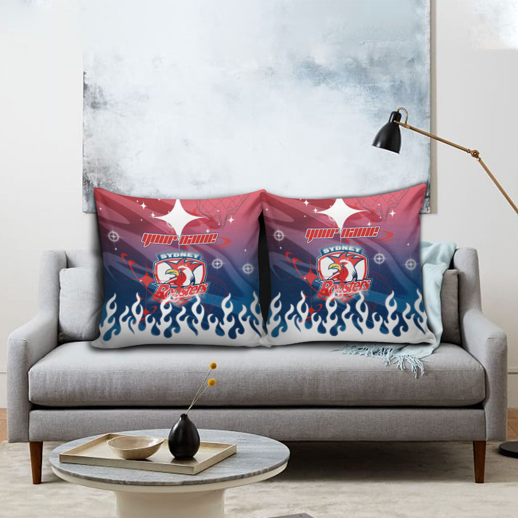 Personalized Sydney Roosters Pillow Cover Y2K Grunge Aesthetic With Cyber Flames and Starburst Graphics