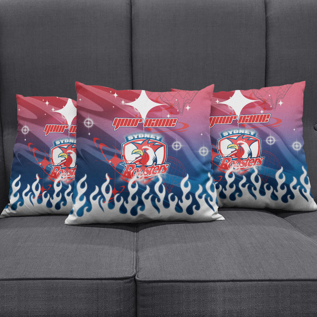 Personalized Sydney Roosters Pillow Cover Y2K Grunge Aesthetic With Cyber Flames and Starburst Graphics