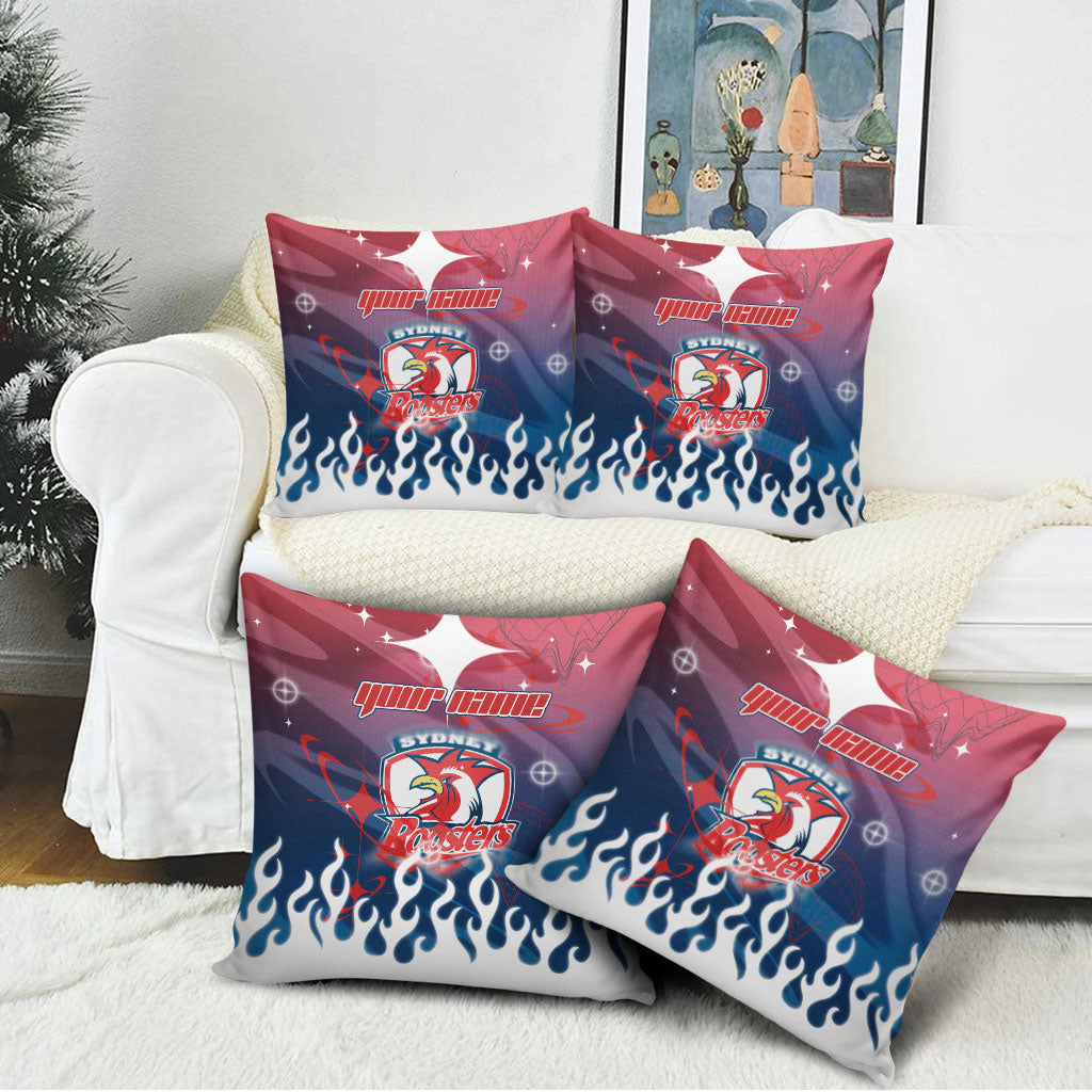 Personalized Sydney Roosters Pillow Cover Y2K Grunge Aesthetic With Cyber Flames and Starburst Graphics