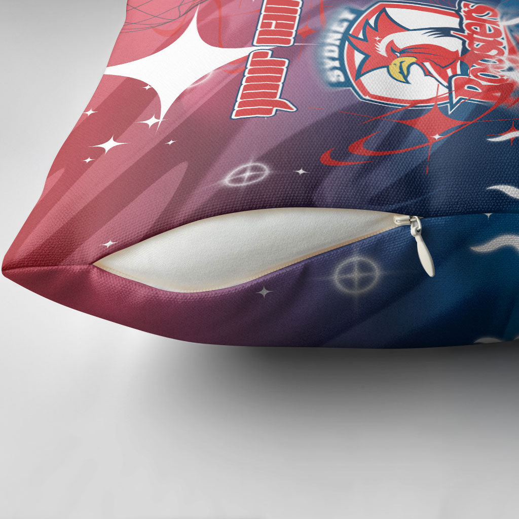 Personalized Sydney Roosters Pillow Cover Y2K Grunge Aesthetic With Cyber Flames and Starburst Graphics