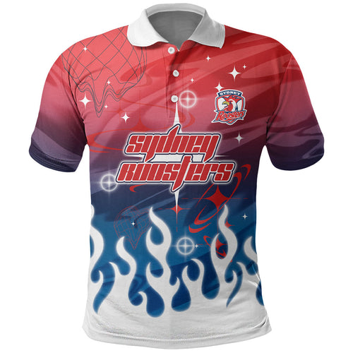 Personalized Sydney Roosters Polo Shirt Y2K Grunge Aesthetic With Cyber Flames and Starburst Graphics