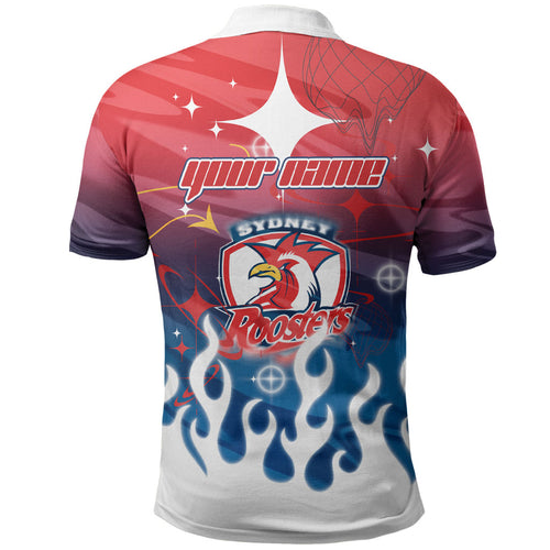 Personalized Sydney Roosters Polo Shirt Y2K Grunge Aesthetic With Cyber Flames and Starburst Graphics