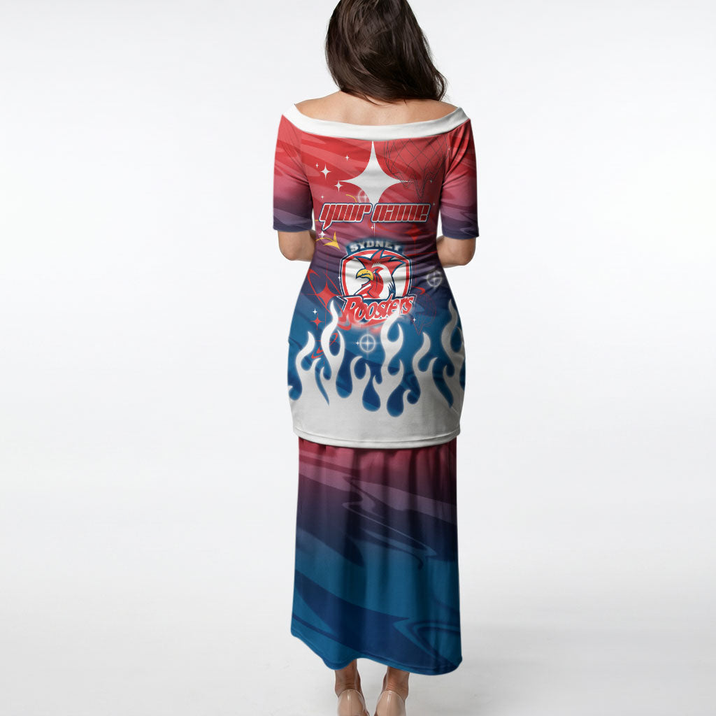 Personalized Sydney Roosters Puletasi Y2K Grunge Aesthetic With Cyber Flames and Starburst Graphics