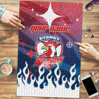 Personalized Sydney Roosters Puzzle Y2K Grunge Aesthetic With Cyber Flames and Starburst Graphics