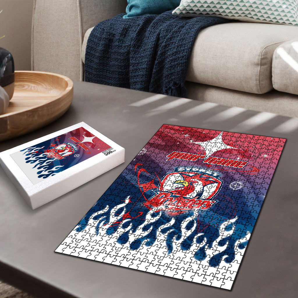 Personalized Sydney Roosters Puzzle Y2K Grunge Aesthetic With Cyber Flames and Starburst Graphics