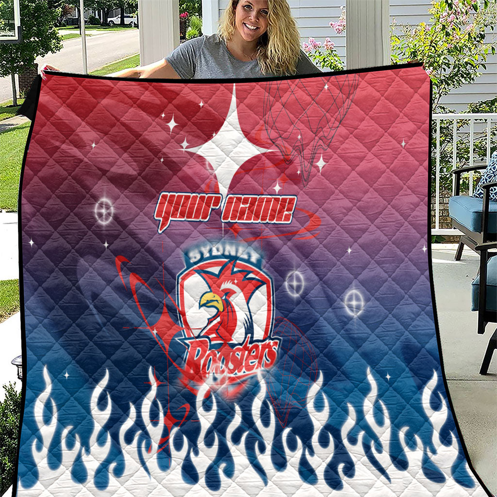 Personalized Sydney Roosters Quilt Y2K Grunge Aesthetic With Cyber Flames and Starburst Graphics