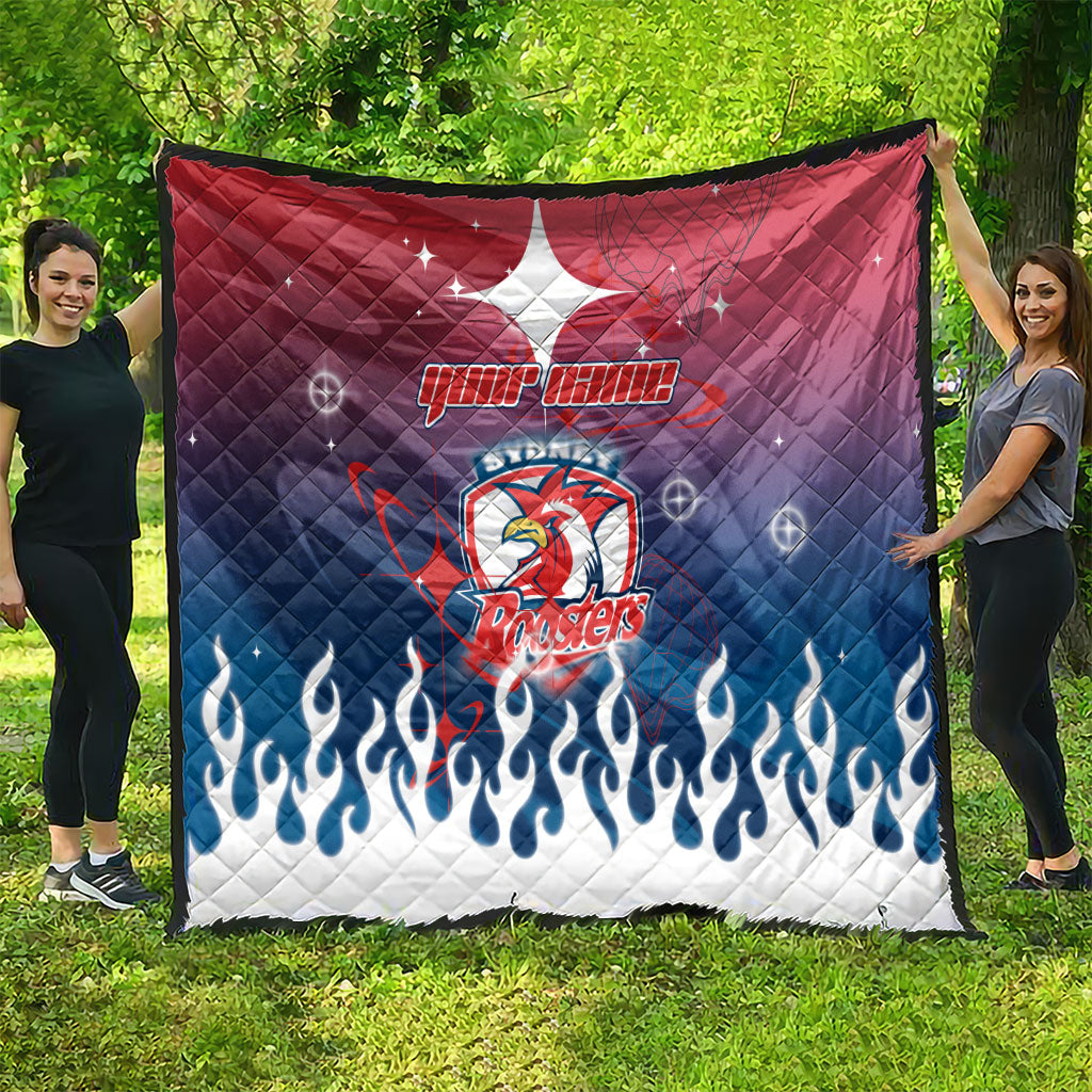 Personalized Sydney Roosters Quilt Y2K Grunge Aesthetic With Cyber Flames and Starburst Graphics