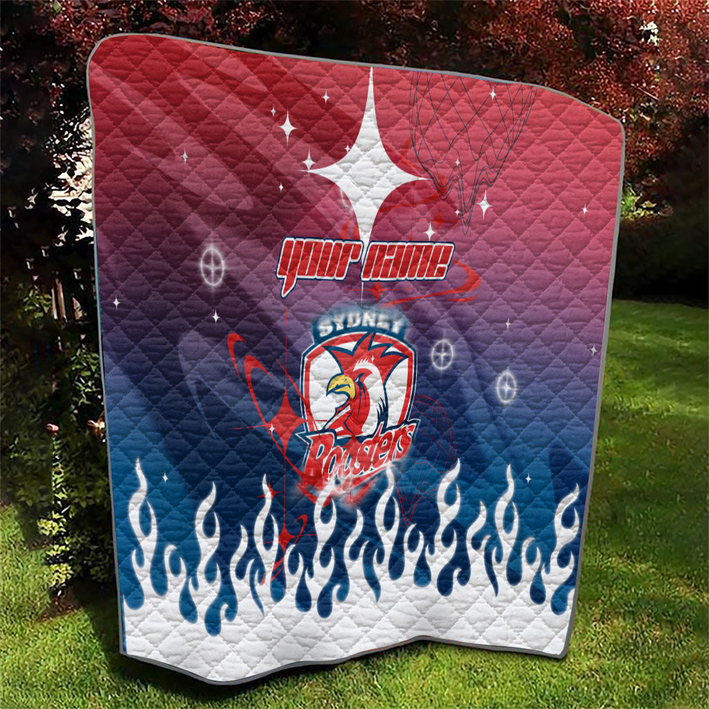 Personalized Sydney Roosters Quilt Y2K Grunge Aesthetic With Cyber Flames and Starburst Graphics