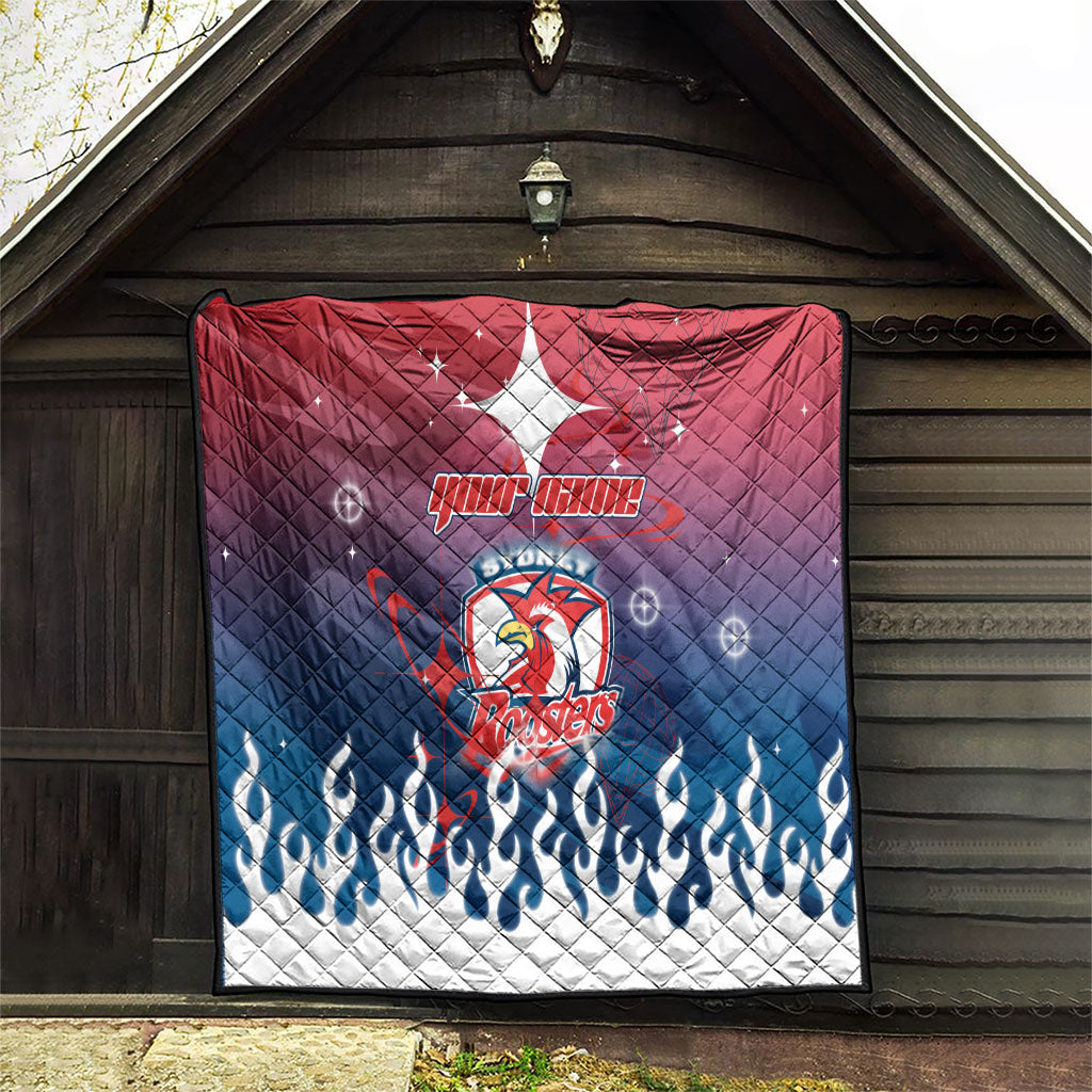 Personalized Sydney Roosters Quilt Y2K Grunge Aesthetic With Cyber Flames and Starburst Graphics