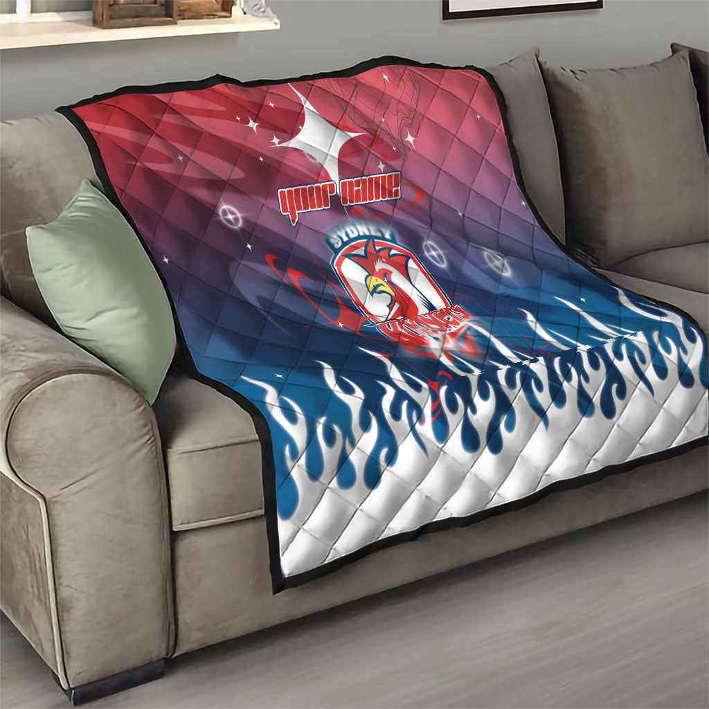 Personalized Sydney Roosters Quilt Y2K Grunge Aesthetic With Cyber Flames and Starburst Graphics