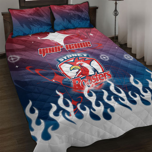 Personalized Sydney Roosters Quilt Bed Set Y2K Grunge Aesthetic With Cyber Flames and Starburst Graphics