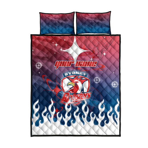 Personalized Sydney Roosters Quilt Bed Set Y2K Grunge Aesthetic With Cyber Flames and Starburst Graphics