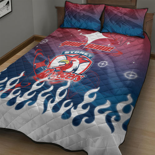Personalized Sydney Roosters Quilt Bed Set Y2K Grunge Aesthetic With Cyber Flames and Starburst Graphics