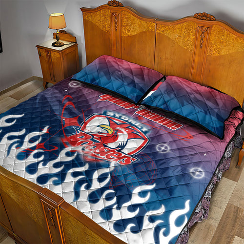 Personalized Sydney Roosters Quilt Bed Set Y2K Grunge Aesthetic With Cyber Flames and Starburst Graphics