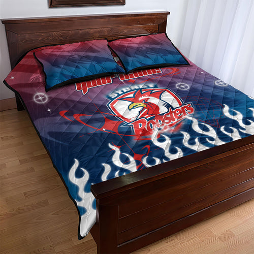 Personalized Sydney Roosters Quilt Bed Set Y2K Grunge Aesthetic With Cyber Flames and Starburst Graphics