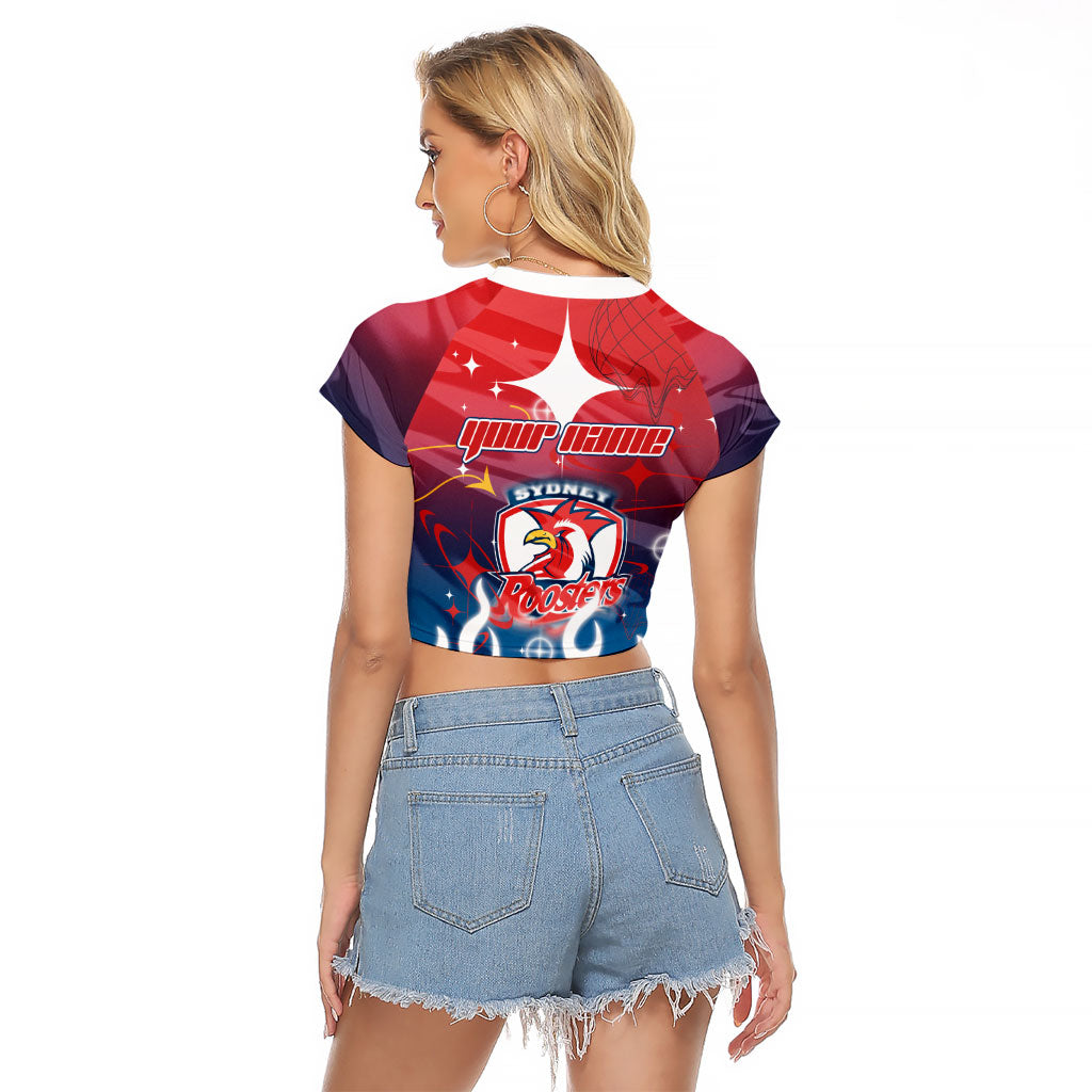 Personalized Sydney Roosters Raglan Cropped T Shirt Y2K Grunge Aesthetic With Cyber Flames and Starburst Graphics